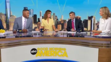 Ted Baker Eugenia Short Sleeve Cotton Blend Tweed Jacket worn by Rebecca Jarvis as seen in Good Morning America on June 19, 2026