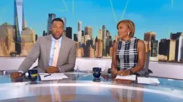 New York & Company Plaid Mock-Neck Sheath Sweater Dress worn by Robin Roberts as seen in Good Morning America on June 23, 2026