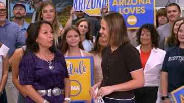 Rag & Bone Dina Tipped Short Sleeve Cardigan worn by Elizabeth Schulze as seen in Good Morning America on June 24, 2026