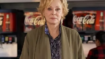 Jean Smart Hacks S02 Olive Fringed Jacket worn by Deborah Vance (Jean Smart) as seen in Hacks (S05)