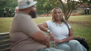 Cinq à Sept Necklace Shrunken Tee worn by Angela Oakley as seen in The Real Housewives of Atlanta (S17E11)