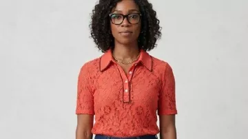 Little Brother Ego Nwodim Red Floral Lace Top worn by Lenore (Ego Nwodim) as seen in Little Brother