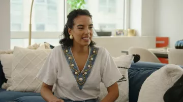 Gepetto Blouse Top Womans Large Geometric Beaded Single Stitch White Short worn by (Danielle Olivera) as seen in In the City (S01E06)