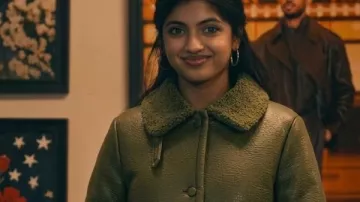 Not Suitable for Work Abby Green Leather Jacket worn by Abhinaya 'Abby' Chilukuri (Avantika Vandanapu) as seen in Not Suitable for Work (S01)