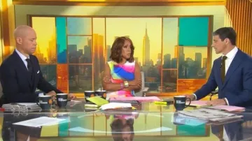 Vestido multicolor con etiqueta morada Ralph Lauren llevado por Gayle King visto en CBS Mornings el 23 de junio de 2026