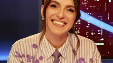 Melanie The Cheap Seats S06 Sequin Floral Striped Shirt worn by Self - Host (Melanie Bracewell) as seen in The Cheap Seats (S06)