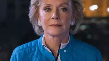 Jean Smart Hacks S04 Hybrid Blue Moto Jacket worn by Deborah Vance (Jean Smart) as seen in Hacks (S04)