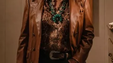 Dutton Ranch Beulah Jackson Brown Leather Blazer worn by Beulah Jackson (Annette Bening) in Dutton Ranch (S01)