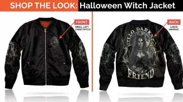 Chaqueta de bruja de Halloween Chaqueta bomber de satén negro en Halloween