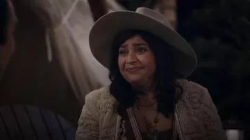 Blanc Noir Faux Fur Embroidered Jacket worn by Bela (Punam Patel) as seen in Ghosts (S05E13)