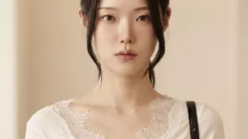 The Love Lab 2026 White Lace Trim V-Neck Top as seen in The Love Lab (S01)