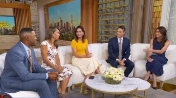 Dolce & Gabbana Formal Tile-Print Leather Platform Sandals worn by Rebecca Jarvis as seen in Good Morning America on July 20, 2026