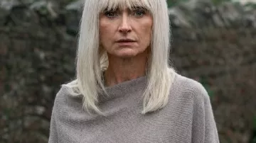 The Crow Girl S02 Katherine Kelly Grey Drape Sweater as seen in The Crow Girl (S02)