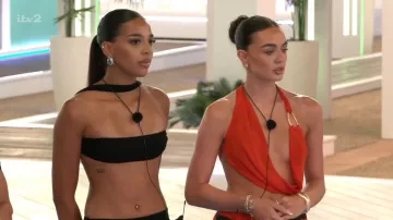 Oh Polly Keika Halterneck Cowl Crop Top in Chilli Red worn by Olivia Sanderson as seen in Love Island (S13E32)