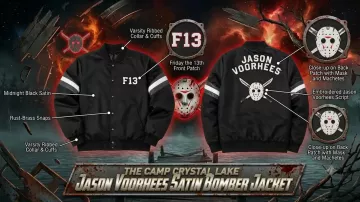 Halloween Friday F13 black Satin Bomber Jacket Jason Vorhees in The F13th Fan Film Mixtape
