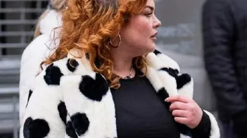 Secret Lives of Gypsy Wives Ruby-Anne Temple Hearts Print Coat as seen in Secret Lives of Gypsy Wives (S01)