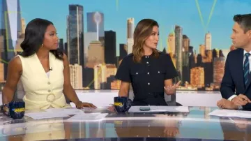 Gilet long Me + Em porté par Rachel Scott, vu dans l'émission Good Morning America le 24 juillet 2026.