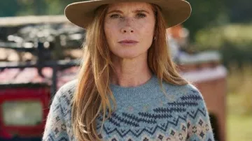 My Life with the Walter Boys S03 Sarah Rafferty Blue Sweater worn by Katherine Walter (Sarah Rafferty) as seen in My Life with the Walter Boys (S03)
