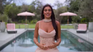 Oh Polly Belen Embellished Draped Mid-Rise Maxi Skirt in Gold worn by Quinn Everly as seen in Turned On: Dirty Sexy Money (S01E06)