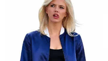 Hayes Warner TV Series The Shards 2026 Debbie Schaffer Blue Satin Bomber Cropped Jacket