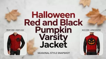 Veste universitaire rouge et noire à motif citrouille d'Halloween portée par Hadley Briggs (Emma Reinagel) dans Joyeux Halloween