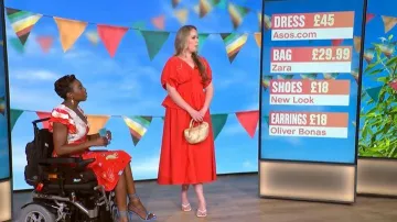 Asos Design V Neck Nipped Waist Peplum Maxi Dress worn by as seen in This Morning on July 21, 2026