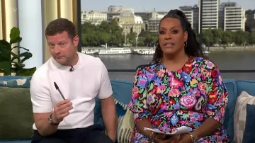 Rixo Jess Crepe Midi Dres worn by Alison Hammond as seen in This Morning on July 17, 2026