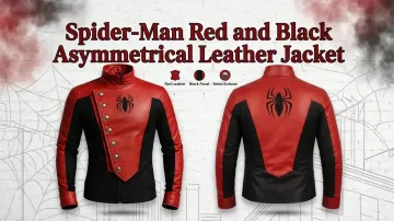 Veste en cuir asymétrique rouge et noire de Spider-Man portée par Peter Parker / Spider-Man (Tom Holland) dans Spider-Man : No Way Home