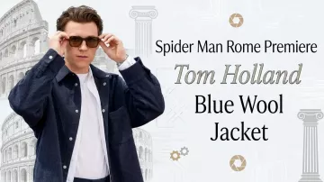 Avant-première romaine de Spider-Man : Tom Holland porte une veste en laine bleue. Peter Parker / Spider-Man (Tom Holland) dans Spider-Man : Un nouveau jour.