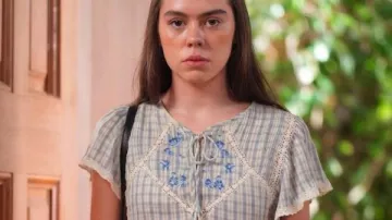 General Hospital Kayden Tokarski Blue Plaid Floral Blouse as seen in General Hospital
