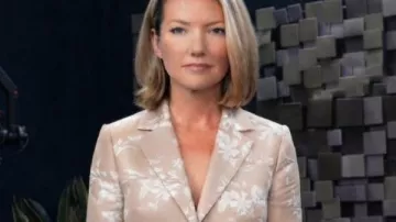 Cynthia Watros General Hospital 2026 White Floral Blazer worn by Nina Reeves (Cynthia Watros) as seen in General Hospital