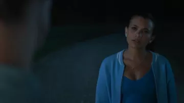 Alo Yoga Blue Knit Bomber Jacket worn by Jackie Howard (Nikki Rodriguez) as seen in My Life with the Walter Boys (S03E02)