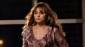 Long Sleeve Burgundy Printed Ruffle Trim Top worn by (Allie Hayes) in Off Campus (S01)