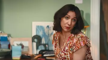 Next Multicoloured Abstract Print Button Down Ruffle Sleeve Top worn by Nikki (Esther Smith) as seen in Trying (S05E06)