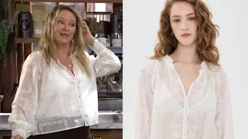 Haut blanc brodé de Sharon Collins (Sharon Case) dans Les Feux de l'amour (S53E01)