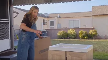 Free People We The Free Good Luck Denim Overalls worn by Jasmine Roth as seen in Roast My Rental (S01E05)