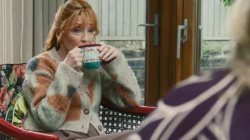 Nanushka Henny Cardigan worn by Susan Ryeland (Lesley Manville) as seen in Marble Hall Murders (S01E01)