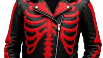 Chaqueta de cuero con huesos rojos de esqueleto de Halloween 2026