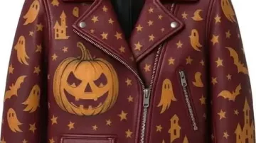 Chaqueta motera de cuero con fantasmas de Halloween y calabaza