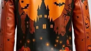 Veste bomber en cuir orange imprimée avec champ de citrouilles d’Halloween