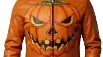 Chaqueta de cuero naranja con estampado de calabaza malvada de Halloween 2026