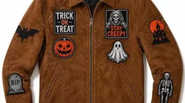 Chaqueta de ante marrón remendada para Halloween 2026 Stay Trick or Treat