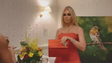 Aruna Seth Red Satin Butterfly Clutch Bag worn by Amanda Cronin as seen in The Real Housewives of London (S02E01)