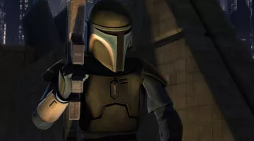 The helmet of a Mandalorian in Star Wars : The Clone Wars