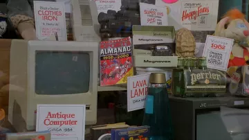 The Macintosh computer of 1984 in the window of antiques from Back to the future 2