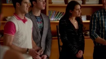 The black jacket with thin white stripes of Rachel Berry (Lea Michele) in Glee S06E11