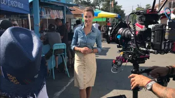 The blue shirt of Ophélie Meunier on the set of Forbidden Zone