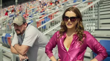 Pink Leather Jacket worn by Mellie Logan (Riley Keough) as seen in Logan Lucky