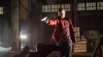 John Varvatos Red Camo Jacket worn by Bats (Jamie Foxx) as seen in Baby Driver
