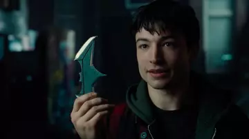 Batman's Batarang intercepted by Barry Allen / Flash (Ezra Miller) as seen in Justice League